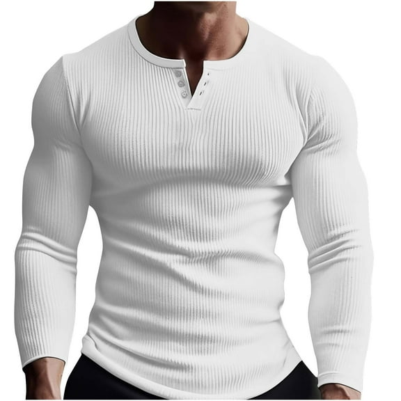 JIUKE Mens Long Sleeve Shirts Slim Fitted Ribbed Solid Color Button V-Neck Comfy Casual Plain Tops