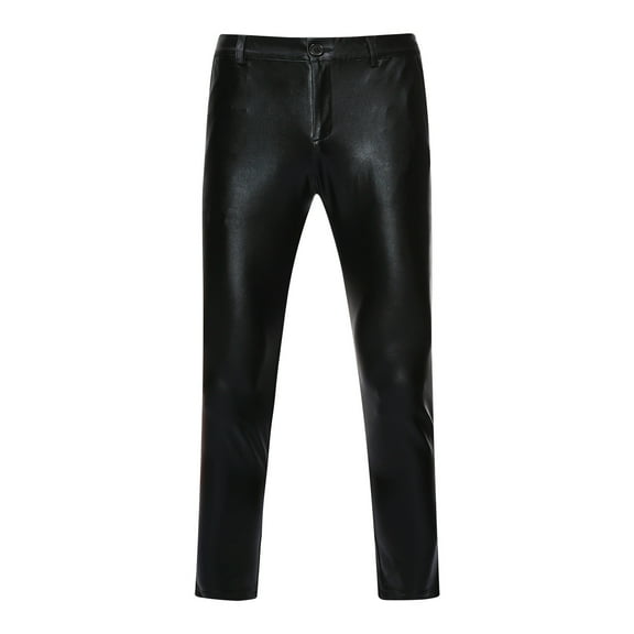 JIUKE Mens Pants Middle Waist Bright Leather Casual Slacks Straight Leg Slim-Fitted Night Club Party Trousers
