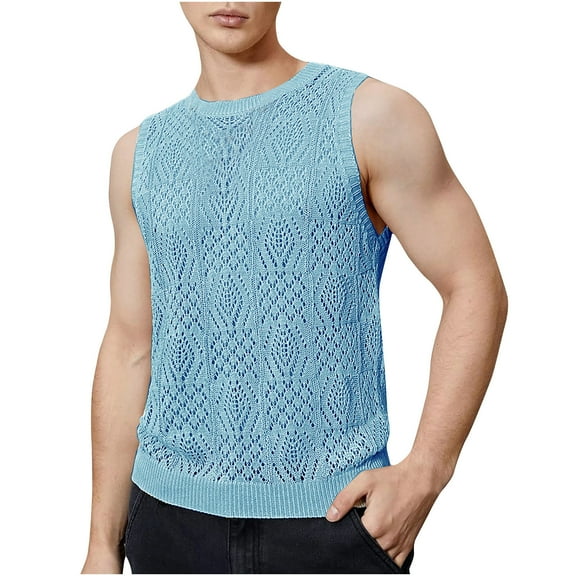 JIUKE Mens Tank Top Casual Summer Sleeveless Crewneck Mesh Knitted Beach Vacation T Shirt S-2XL