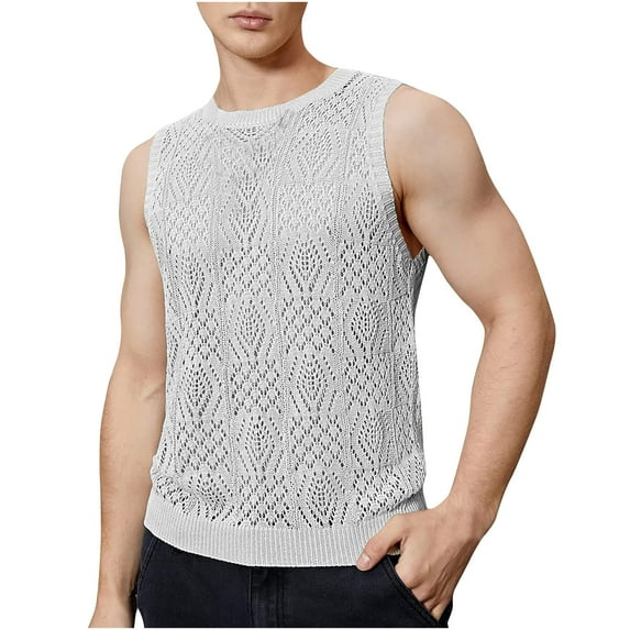 JIUKE Mens Tank Top Casual Summer Sleeveless Crewneck Mesh Knitted Beach Vacation T Shirt S-2XL