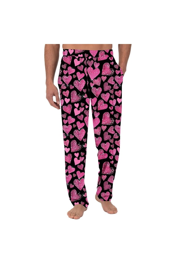 Mens Valentines Day Pajamas Pants Loose Lounge Homewear Elastic Waist Cute Heart Graphic Trousers