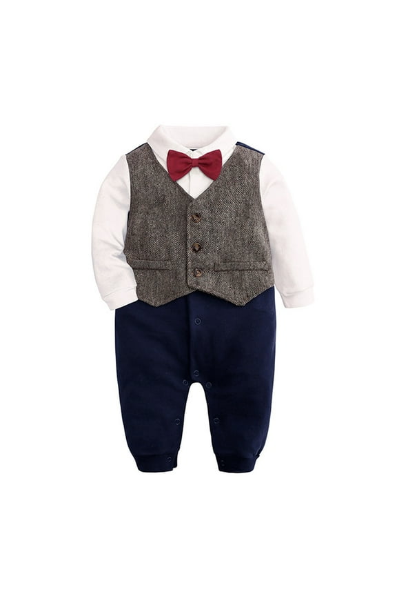 Newborn Baby Boys Romper Long Sleeve Jumpsuit Suit 1 Piece Outfit Bowtie Formal Clothes