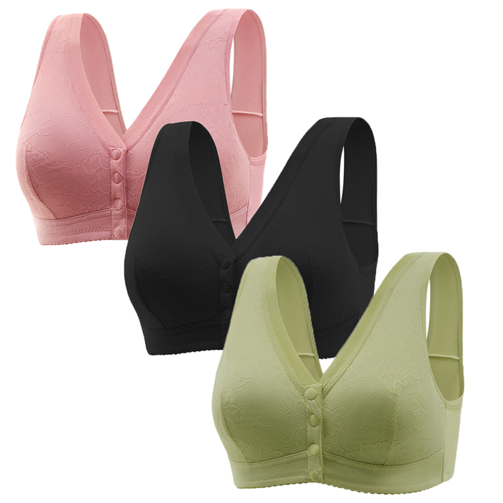 JIUKE Plus Size Bras for Older Women Front Closure Snap Sleep Bra Soft Comfy Wireless Everyday Bras Pack of 3