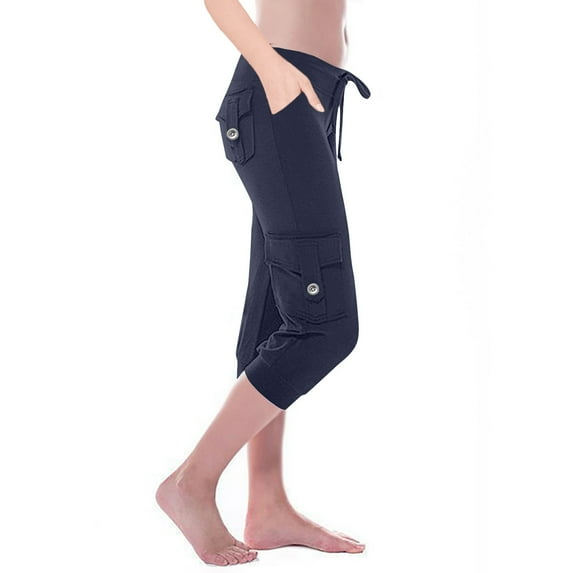 JIUKE Plus Size Capri Leggings for Women Drawstring High Wasited Workout Hiking Cropped Cargo Pants with Poxkets