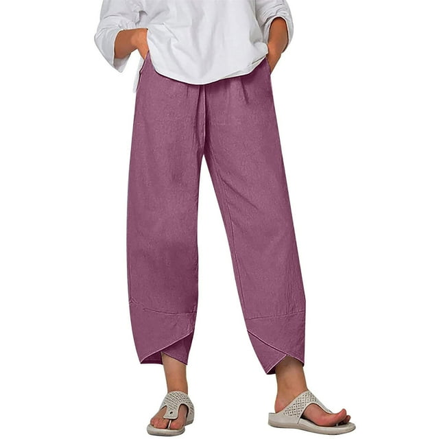 JIUKE Plus Size Capri Pants for Women Casual Summer Cotton Linen Tapered Baggy Lounge Trousers with Pockets