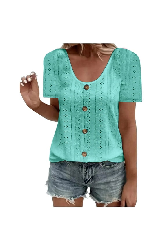 Plus Size Eyelet Tops for Women Short Sleeve Round Neck Summer Casual Loose Beach Tee Shirts