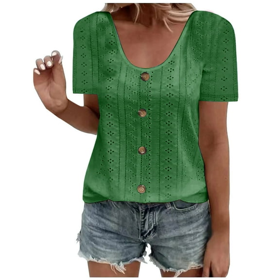 JIUKE Plus Size Eyelet Tops for Women Short Sleeve Round Neck Summer Casual Loose Beach Tee Shirts