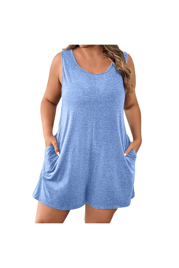 Plus Size Jumpsuits for Women Crewneck Sleeveless Casual Short Rompers Solid Color Short Overalls with Pockets