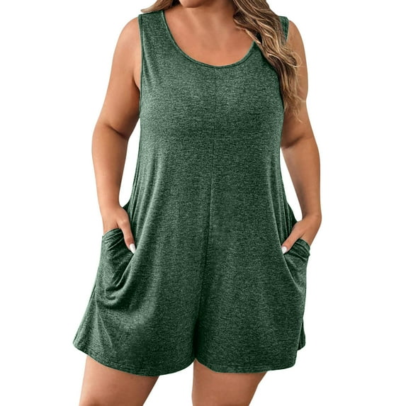 JIUKE Plus Size Jumpsuits for Women Crewneck Sleeveless Casual Short Rompers Solid Color Short Overalls with Pockets