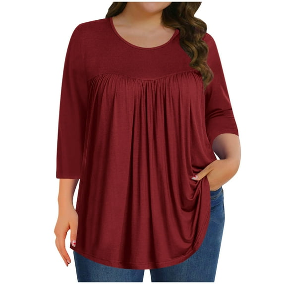 JIUKE Plus Size Pajamas Tops for Women 3/4 Length Sleeve Shirts Crewneck Base Layer Tees Loose Fitted Tunic Tops