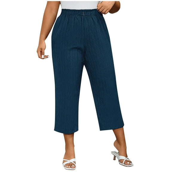JIUKE Plus Size Pants for Women Elastic High Rise Solid Color Baggy Lounge Beach Ankle Length Trousers