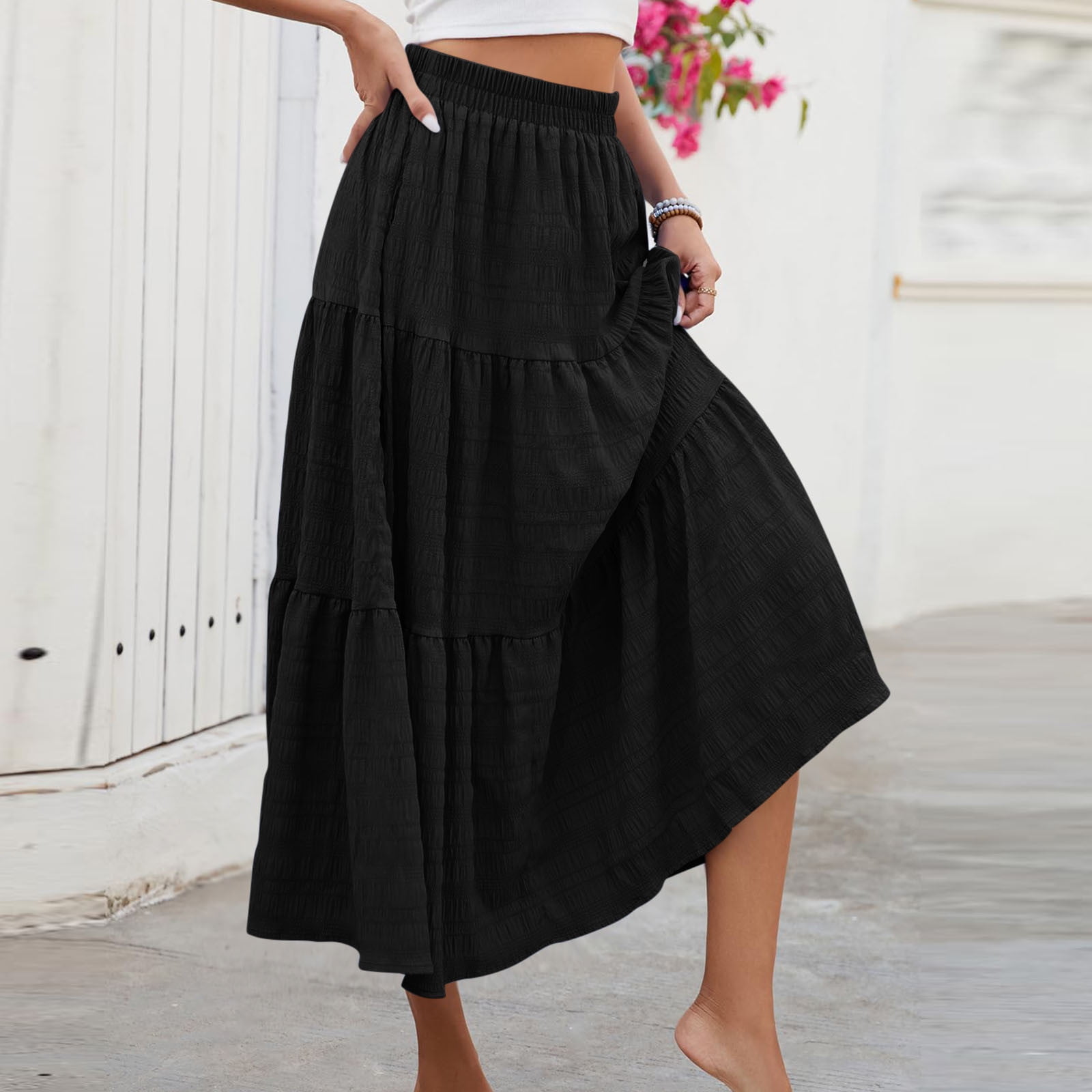 Maxi Skirts for Women 2024 Solid Color High Waist Pleated