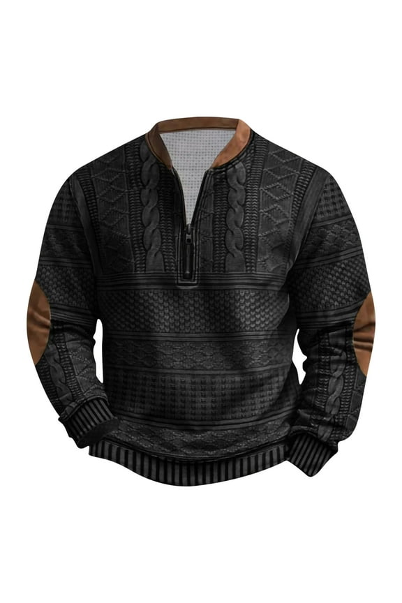 Plus Size Sweatshirt for Men 1/4 Zip Long Sleeve Shirts Loose Vintage Knit Print Pullover Tops