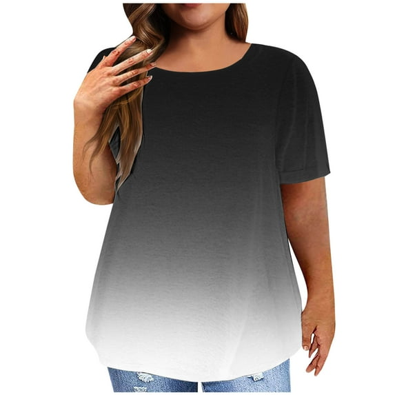 JIUKE Plus Size Top for Women Summer Crew Neck Gradient Color T-Shirts Short Sleeve Casual Plain Tees