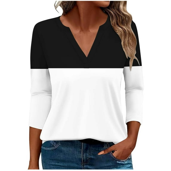 JIUKE Plus Size Tops for Women Casual 3/4 Sleeve V-Neck Loose T Shirts Trendy Striped Tunic Tops Size M