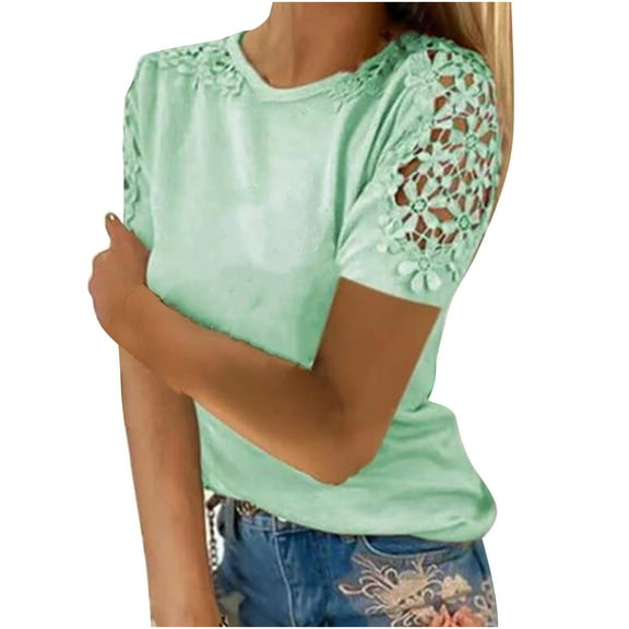 JIUKE Plus Size Tops for Women Short Sleeve Casual Comfy Round Neck Lace Solid Color T-Shirts