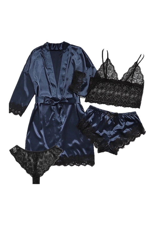 Satin Pajamas Set for Women 4 Piece Floral Lace Sleepwear Pjs Outfits Belted Robe Crop Cami Top Briefs