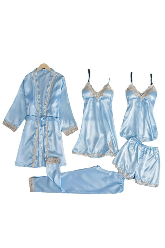 Satin Pajamas Set for Women 5 Piece Floral Lace Loungewear Pjs Outfits Long Robe Cami Nightgowns Shorts Pants