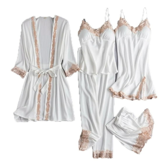 JIUKE Satin Pajamas Set for Women 5 Piece Floral Lace Loungewear Pjs Outfits Long Robe Cami Nightgowns Shorts Pants