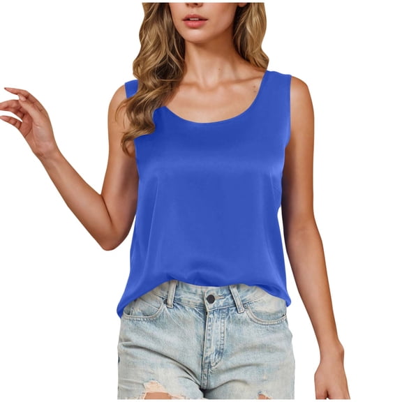 JIUKE Satin Tank Tops for Women Loose Casual Summer Scoop Neck Sleeveless Dressy Tunic Blouses Blue L