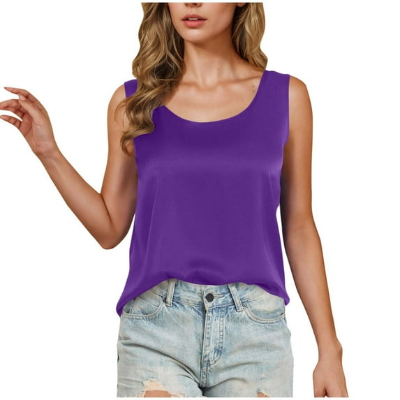JIUKE Satin Tank Tops for Women Loose Casual Summer Scoop Neck Sleeveless Dressy Tunic Blouses Purple L