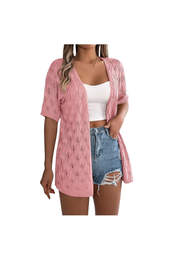 Summer Cardigan for Women Crochet Knit Short Sleeve Tops Open Front Hollow out Lightweight Cover Ups