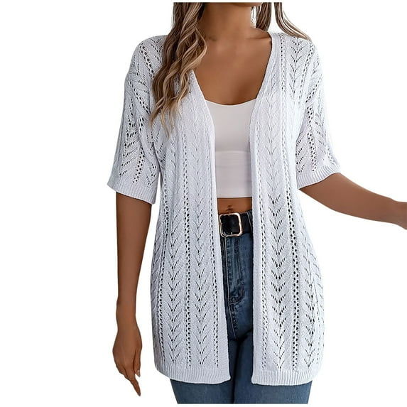 JIUKE Summer Cardigan for Women Crochet Knit Short Sleeve Tops Open Front Hollow out Lightweight Cover Ups