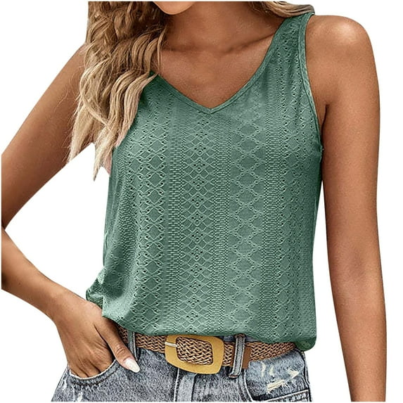 JIUKE Summer Eyelet Tank Tops for Women V Neck Loose Fitted Sleeveless Lightweight Comfy Tee Shirts Green M