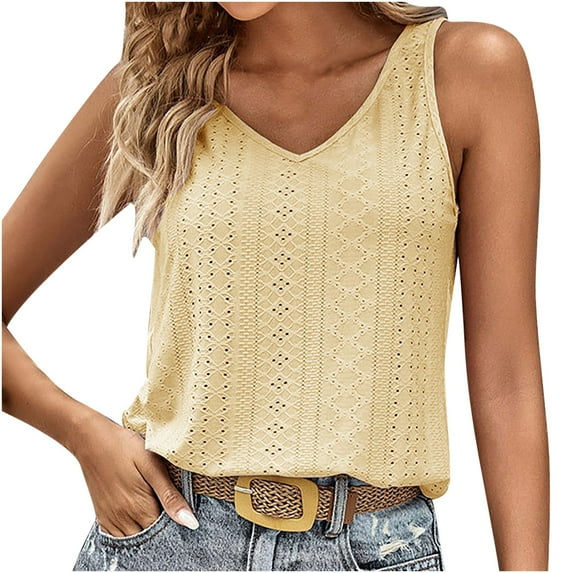 JIUKE Summer Eyelet Tank Tops for Women V Neck Loose Fitted Sleeveless Lightweight Comfy Tee Shirts Yellow XL