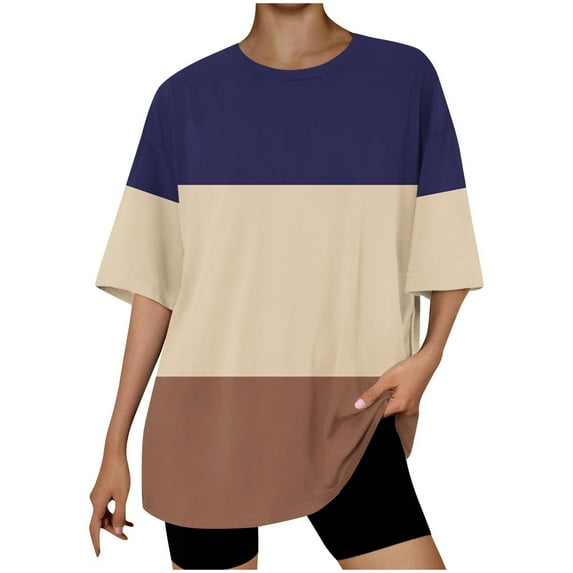 JIUKE T Shirts for Women Dropped Short Sleeves Oversized Summer Tops Color Block Comfy Round Neck Beach Vacation Tees