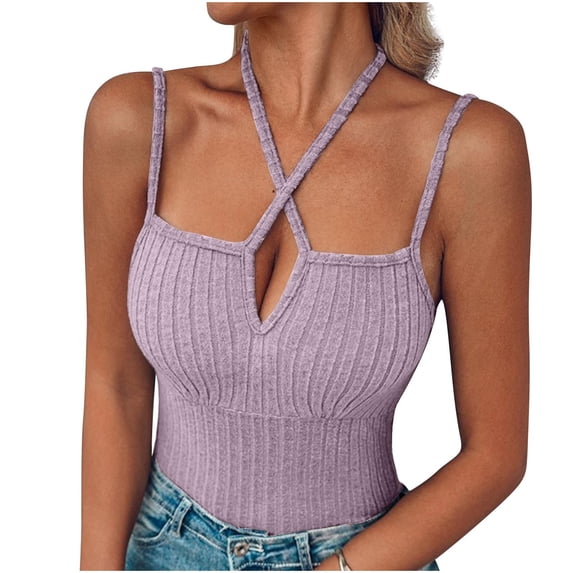 JIUKE Tank Tops for Women Ribbed Knit Sleeveless Spaghetti Strap Shirts Crisscross V Neck Going out Tops Cami Shirts