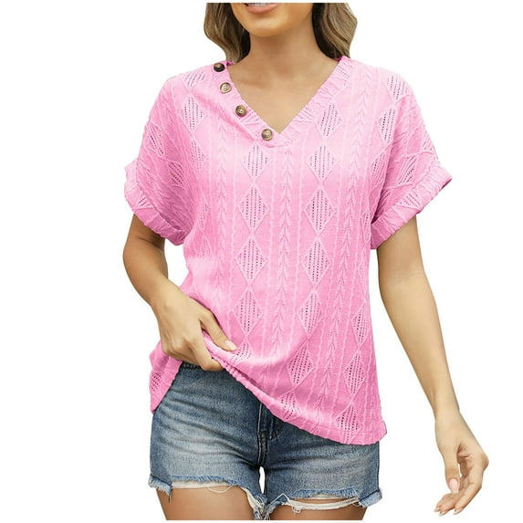 JIUKE Tops for Women Dressy Casual Short Sleeve Shirts V Neck Solid Color Loose Fitted Plain Work Blouses