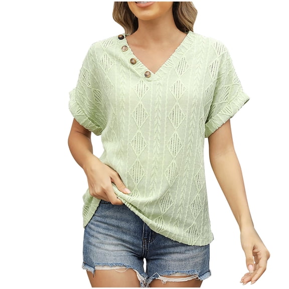 JIUKE Tops for Women Dressy Casual Short Sleeve Shirts V Neck Solid Color Loose Fitted Plain Work Blouses