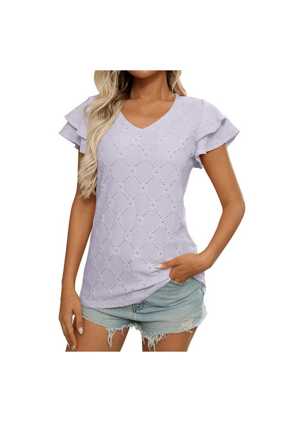 Tops for Women Dressy Double Layered Ruffle Short Sleeve Shirts V Neck Eyelet Business Casual Blouses