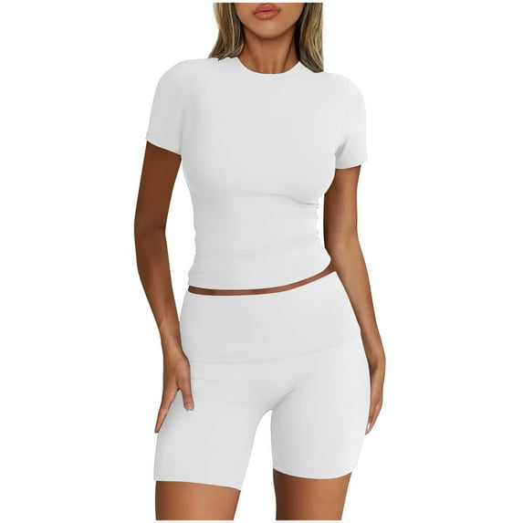 JIUKE Two Piece Sets for Women Short Sleeve Crop Going out Top High Waisted Tight Short Summer Sets