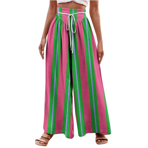 JIUKE Wide Leg Pants for Women High Waited Striped Printed Drawstring Boho Summer Beach Vacation Lounge Pants