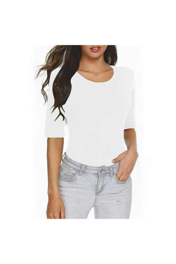Womens Basic Tops 1/2 Length Sleeve Going out Tops Summer Crew Neck Slim Fitted Casual T Shirts