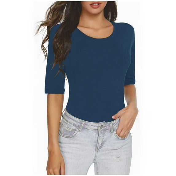 JIUKE Womens Basic Tops 1/2 Length Sleeve Going out Tops Summer Crew Neck Slim Fitted Casual T Shirts