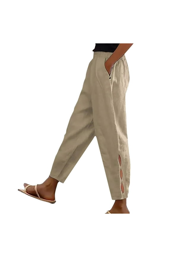 Womens Capris Pants Fall Casual High Waisted Tapered Side Hollow out Trouser with Pockets