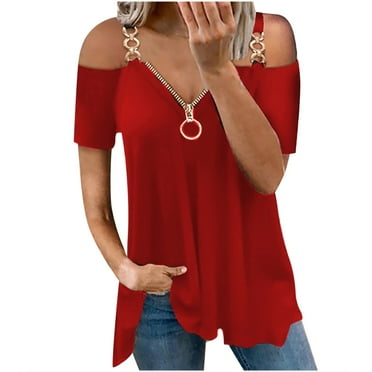 JIUKE Womens Cold Shoulder Tops Zipper V Neck Short Sleeve Casual Loose Summer Chain Strap Tunic Blouses
