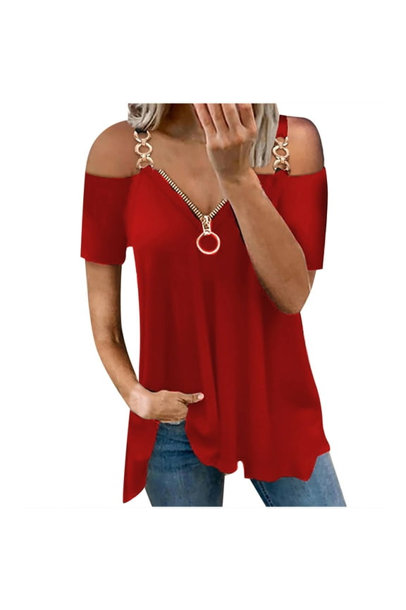 Womens Cold Shoulder Tops Zipper V Neck Short Sleeve Casual Loose Summer Chain Strap Tunic Blouses