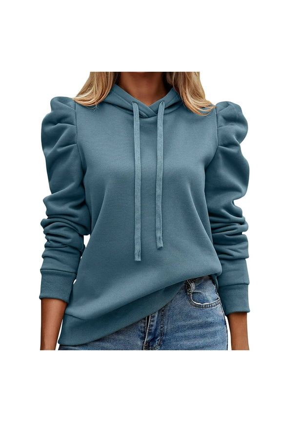 Womens Fall Hoodies Drawstring Neck Puff Long Sleeve Sweatshirt Loose Casual Pullover Tunic Tops Size XL