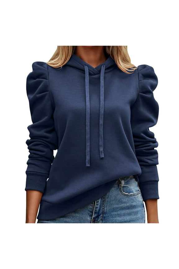 Womens Fall Hoodies Drawstring Neck Puff Long Sleeve Sweatshirt Loose Casual Pullover Tunic Tops Size XL