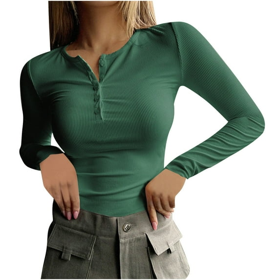 JIUKE Womens Long Sleeve Shirts Round Neck Buttons Solid Color Slim Fitted Basic Going out Tops Size L