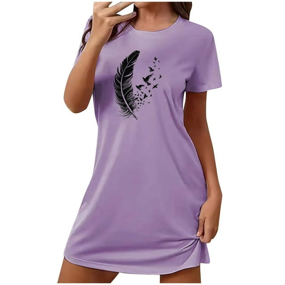 JIUKE Womens Nightgown Short Sleeve Crewneck Printed Nightshirt Dress Loose Casual Loungewear Pullover Nightdress