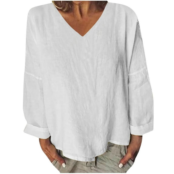 JIUKE Womens Oversized T Shirts Long Sleeve V Neck Comfy Tops Lightweight Solid Color Loose Blouses White S