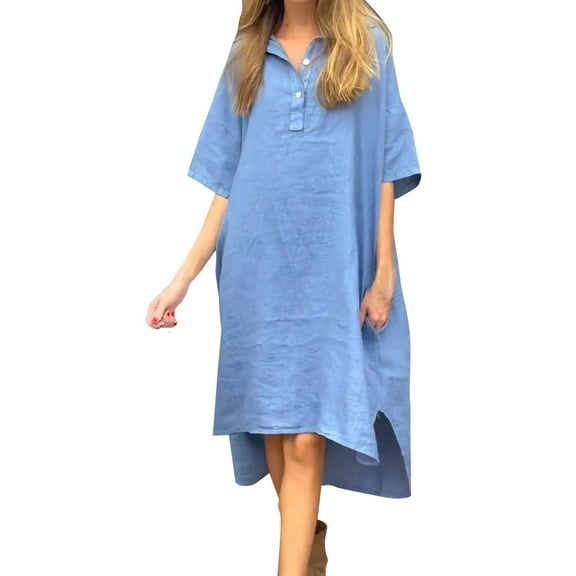 JIUKE Womens Plus Size Dresses Half Sleeve Knee Length Dresses Button up Crewneck Casual Loose Fitted Summer Midi Dress
