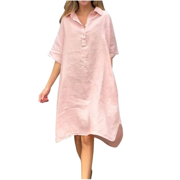 JIUKE Womens Plus Size Dresses Half Sleeve Knee Length Dresses Button up Crewneck Casual Loose Fitted Summer Midi Dress