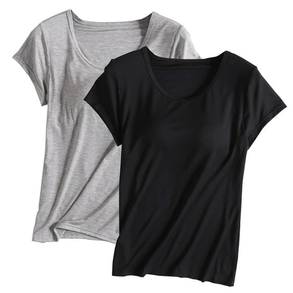 JIUKE Womens Plus Size Pajama Tops Built-In Bra Padded Active Short Sleeve Casual Workout Yoga Shirts 2 Pack Gray L