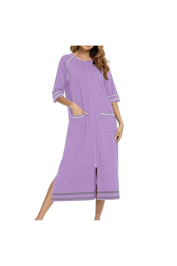 Womens Robes 3/4 Sleeve Full Zipper Housecoat Loose Casual Lightweight Bath Robes with Pockets M